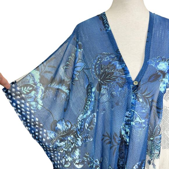 Chico's NWT S/M Button Front Floral Ruana Blue White Print Sheer Layer Blouse - Picture 11 of 15